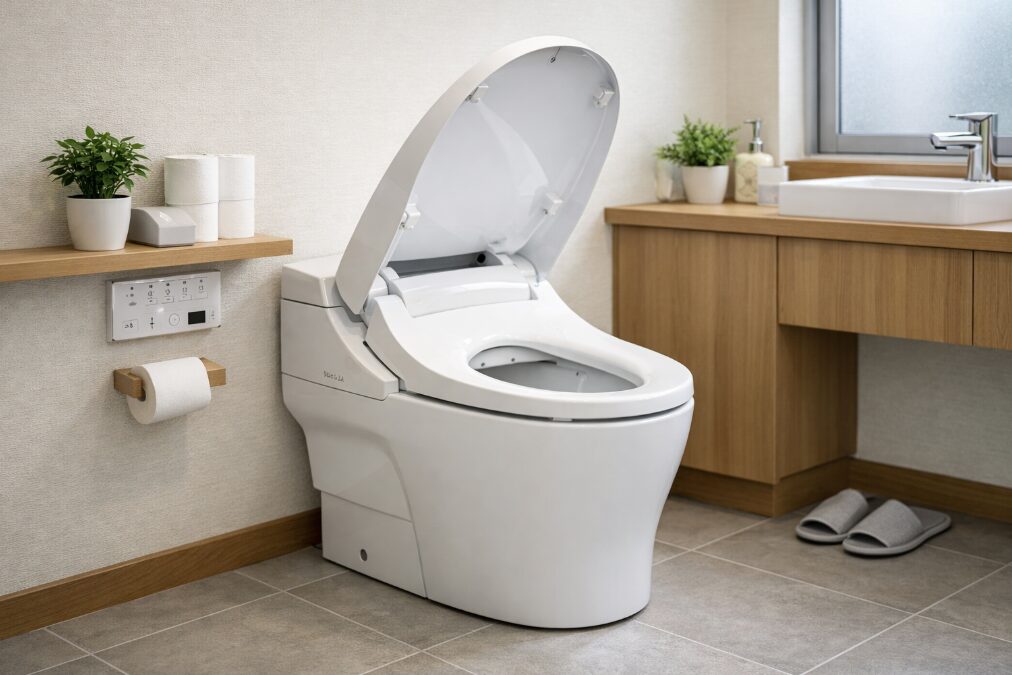 自動開閉機能付きの最新ウォシュレットトイレが設置された日本の住宅の清潔なトイレ空間