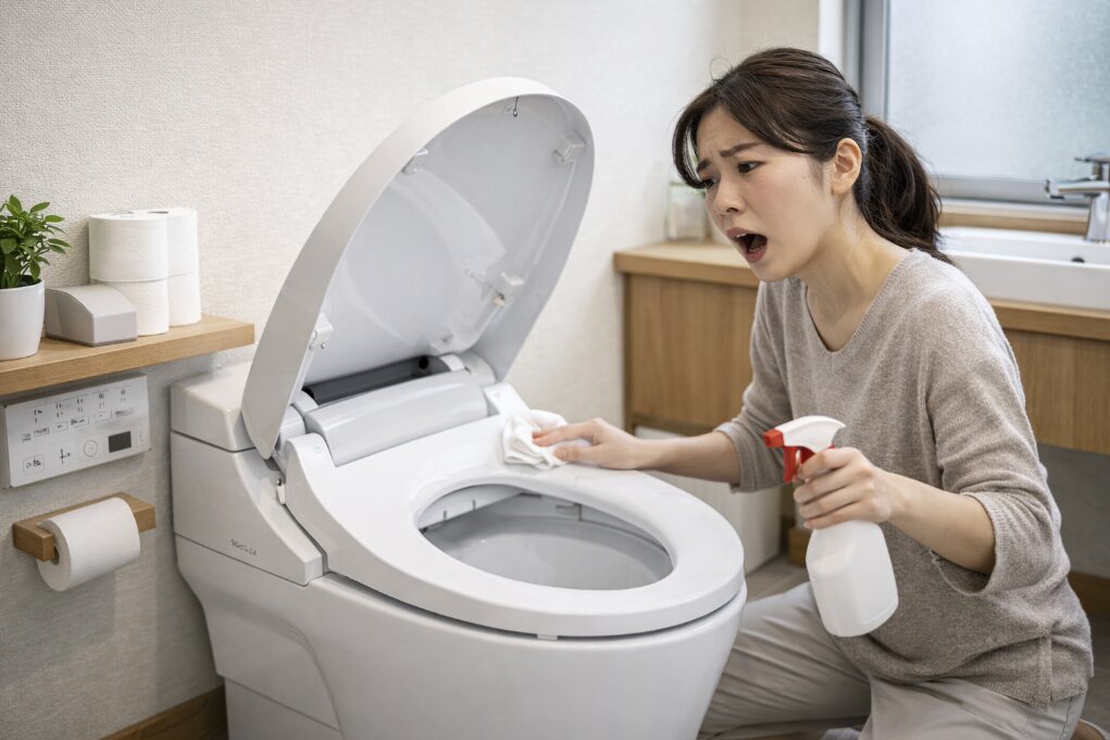 トイレ掃除中に自動開閉センサーが反応してフタが開き困っている日本人女性