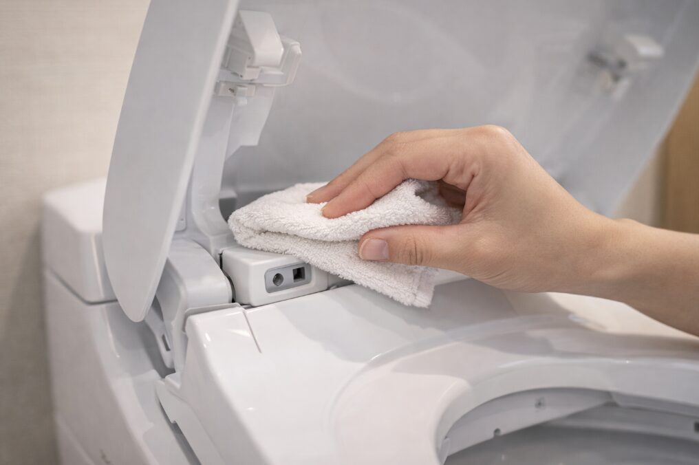 自動開閉トイレのセンサー部分をやさしく掃除している日本人の手元
