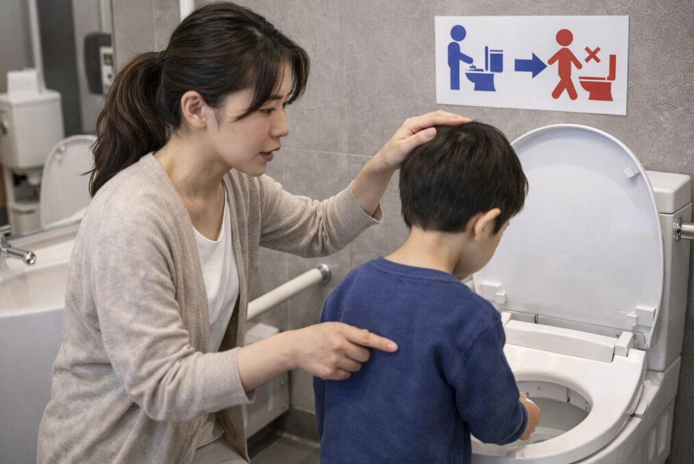 トイレのマナーを子どもに教える母。