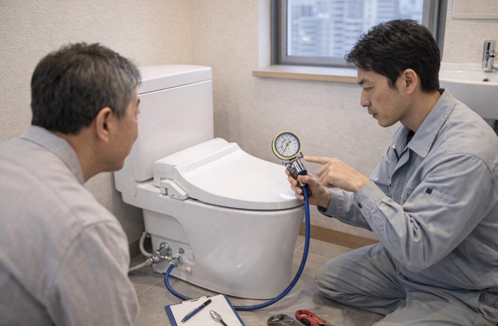 配管工が水圧を調べている様子。