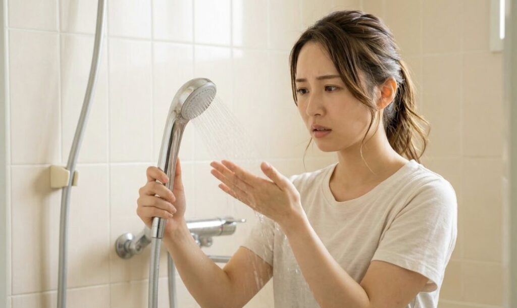 シャワーのお湯がぬるく、温度を確認しながら困惑している日本人の様子