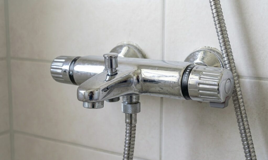 浴室の壁に設置されている一般的なサーモスタット式混合水栓の拡大写真