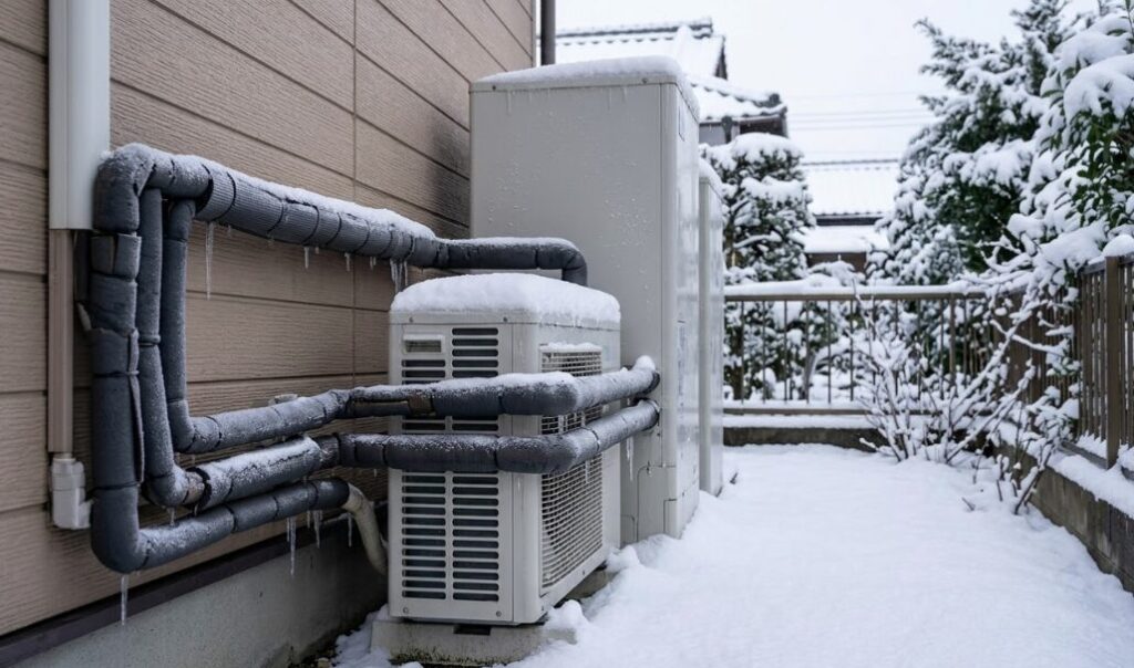 冬の厳しい寒さで雪が積もり、凍結のリスクがある屋外のエコキュート本体と断熱材が巻かれた配管