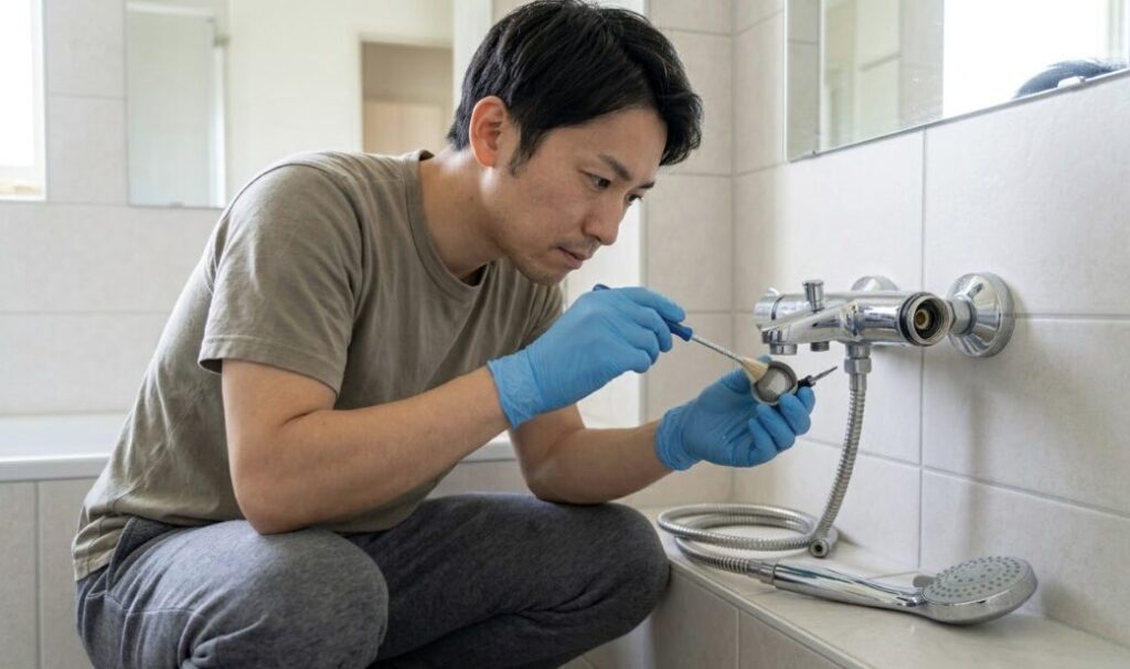 業者を呼ぶ前に、浴室のシャワーヘッドや水栓周りを自分で丁寧に点検している日本人の様子