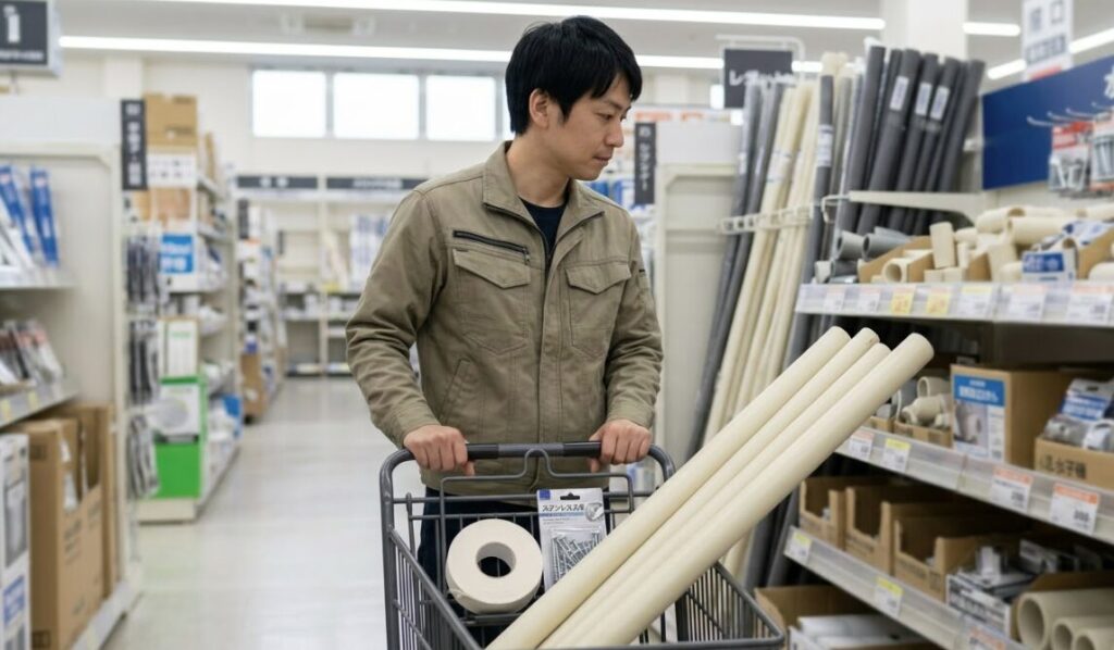 エコキュートの配管補修に必要な材料を、日本のホームセンターで選ぶ日本人男性。カートには樹脂製カバーやテープが入っている。