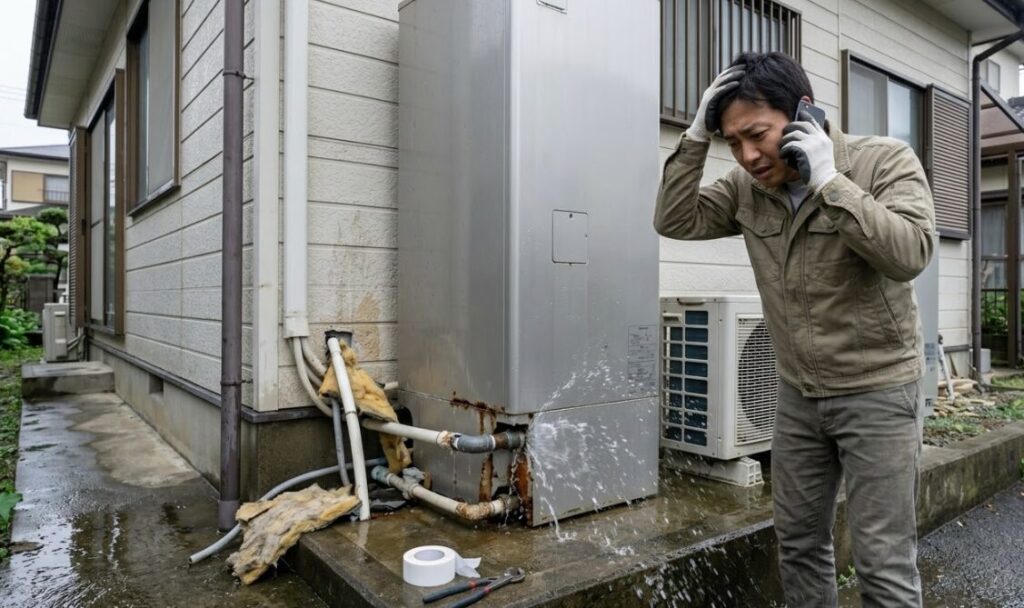 配管から水漏れし、家主が途方に暮れて専門業者に連絡しようとする状況のエコキュート