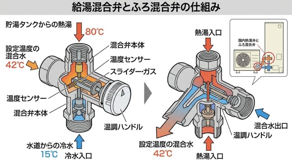 エコキュート内部で熱湯と冷水を混ぜて温度調整をする給湯混合弁の仕組み図