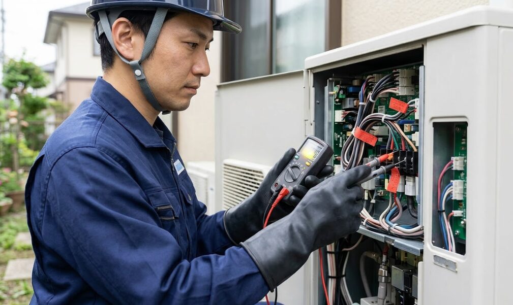 資格を持つ専門業者がエコキュートの高電圧回路を検電器で点検する様子。絶縁手袋を着用し、慎重に作業を行っている。