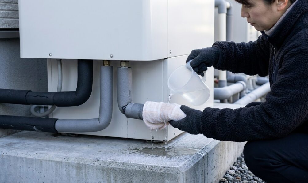 冬の屋外で凍結したエコキュートの配管にタオルを巻き、日本人女性がぬるま湯をかけて自然解凍を促す様子