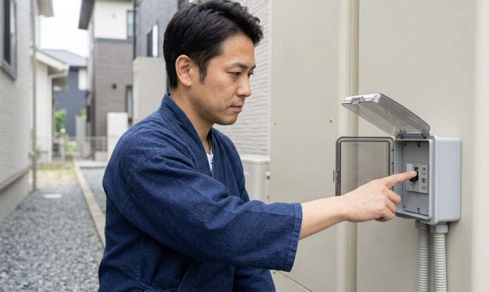 エラー発生時にエコキュート本体横の漏電遮断器（ブレーカー）のスイッチを安全にオフにする日本人の男性