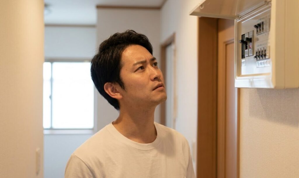 自宅のブレーカーボックスを見上げ、エアコン漏電の原因を確認している男性の様子