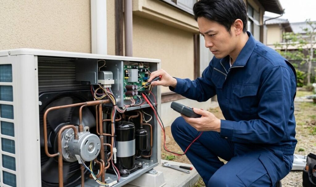 専門知識と工具を用いて安全にエアコン室外機を点検するプロの修理技術者