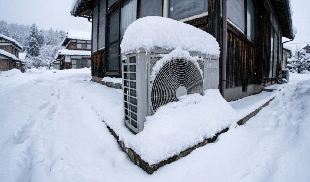 漏電や故障の原因となる、冬の厳しい雪に埋もれたエアコン室外機