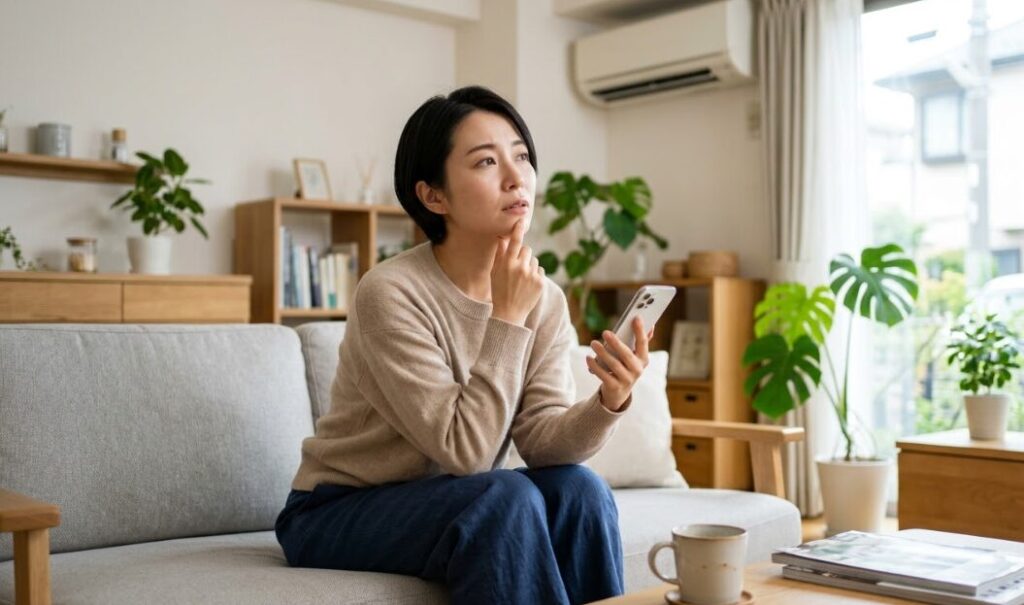リビングでスマートフォンを見ながら、エアコンの修理か買い替えかを検討して悩む女性