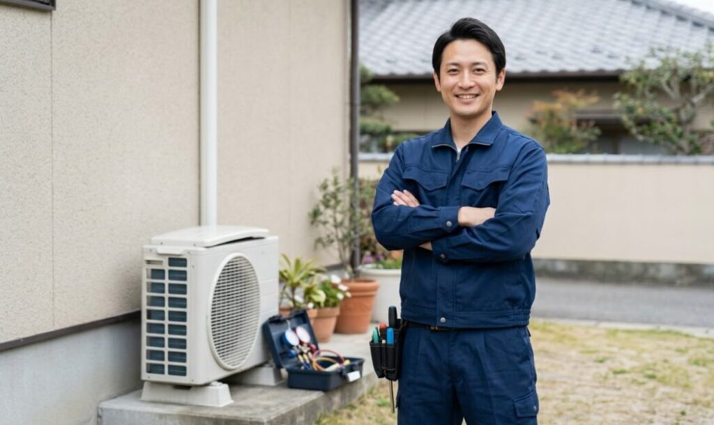 豊富な専門知識と確かな技術で安心感を与える、清潔な作業着姿のエアコン修理業者