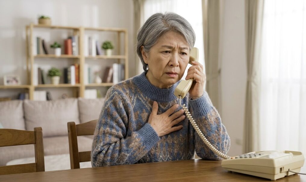 エコキュート無料点検を装う突然の電話を受け、不安な表情を浮かべる高齢の日本人女性。詐欺電話への注意喚起。