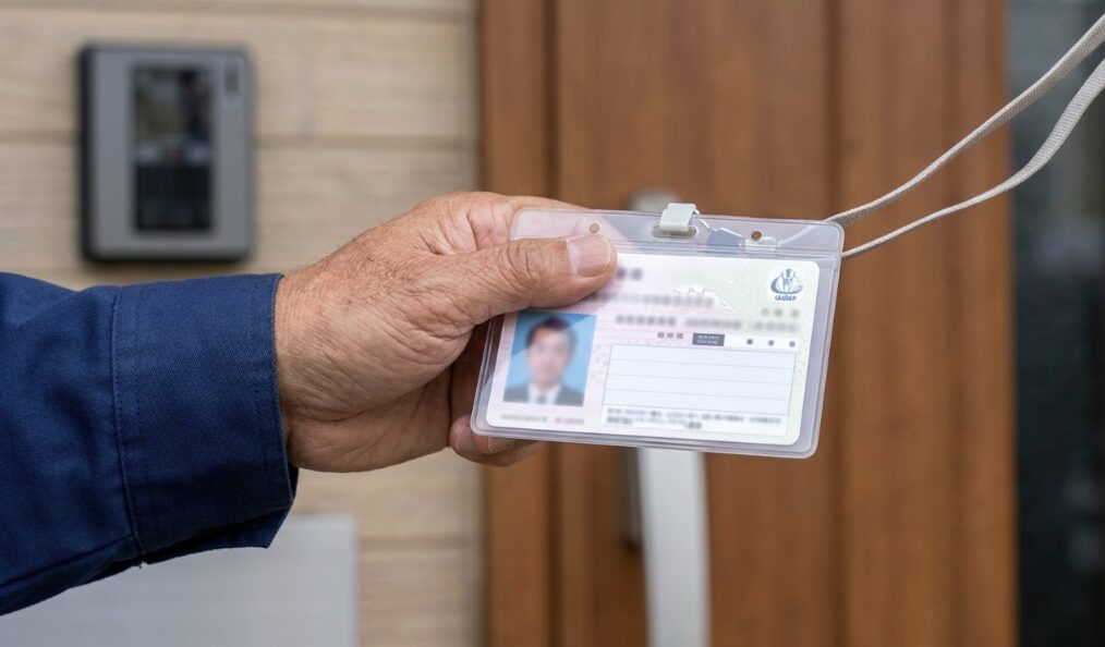 エコキュート点検商法の手口：玄関先で偽の社員証を提示し、権威を騙って信用させようとする不審な業者。日本の住宅の玄関先で、日本人の不審な訪問者が偽の社員証を差し出す手元のクローズアップ。社員証にはぼやけた写真と文字を模倣した線が描かれているが、読める文字はない。