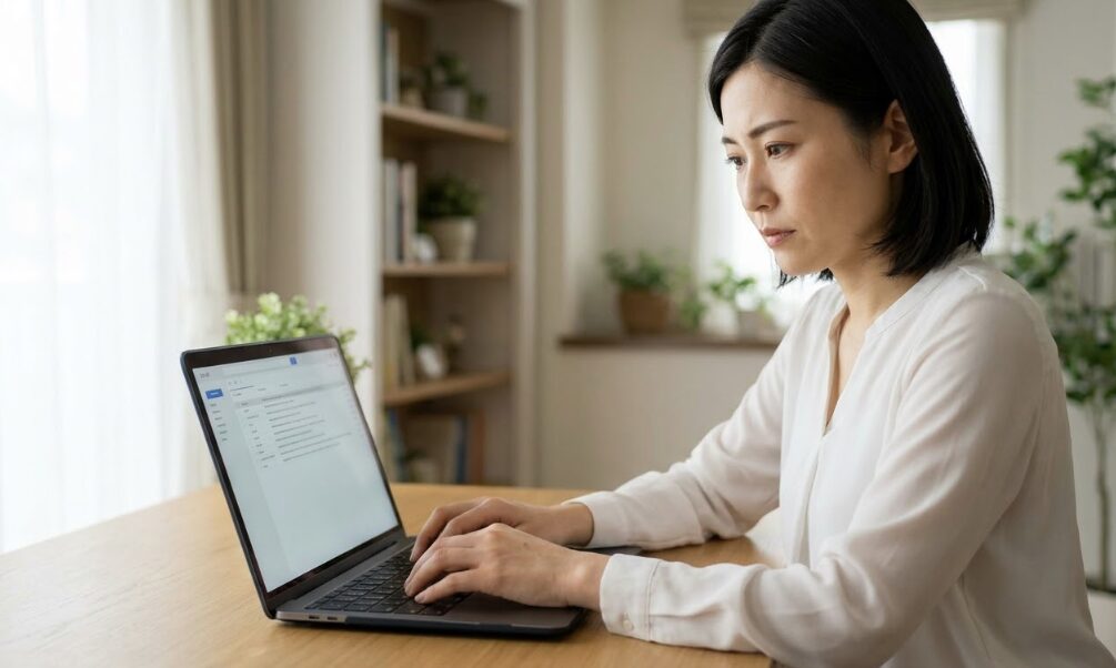 エコキュートの悪質な契約を解除するため、クーリングオフの通知メールをPCで作成する日本人女性。法律に基づく自己防衛。日本の一般的な一戸建て住宅の書斎で、30代後半の日本人女性が木製のデスクに向かい、ノートパソコン（PC）のキーボードを真剣な表情で叩いている。彼女の視線はPC画面に注がれ、その毅然とした横顔が自然光に照らされている。PC画面はテキストベースのメールクライアントのインターフェースを表示しているが、読める文字はない。デスク上には、PCのほかにスマートフォン、ペン立て、書類立て、ぼかされた観葉植物、本棚、窓とカーテンが見える。