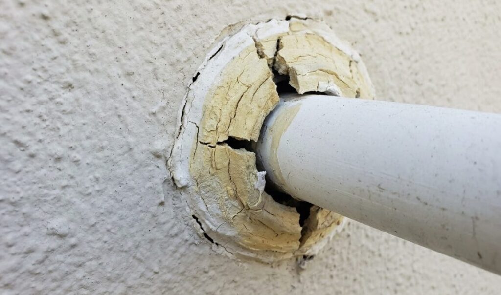 エアコン配管が通る壁の貫通穴のパテが劣化し、ひび割れや隙間ができている様子