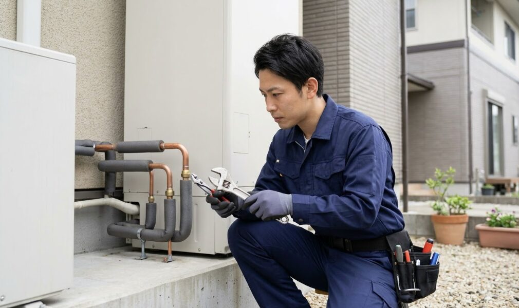 エコキュートの故障を防ぐため、工具を用いて丁寧に配管の確認を行う日本人の優良業者。専門知識と信頼。日本の一般的な一戸建て住宅の屋外に設置されたエコキュート（貯湯タンクとヒートポンプユニット）の横で、30代の日本人男性作業員が、真剣な眼差しで、手に持ったモンキーレンチとプライヤーを使って、銅製の配管接続部を丁寧に点検している。彼はネイビーブルーの作業服（ロゴなし）を着用し、腰袋を付けている。集中した表情で配管を見つめている。背景は、典型的な日本の住宅の壁、庭の砂利、いくつかの小さな植木鉢、およびエアコンの室外機（エコキュートの一部）がある。昼間の自然光が当たっており、作業員とエコキュートが鮮明に写っている。作業員の顔と手元にフォーカスが合っている。
