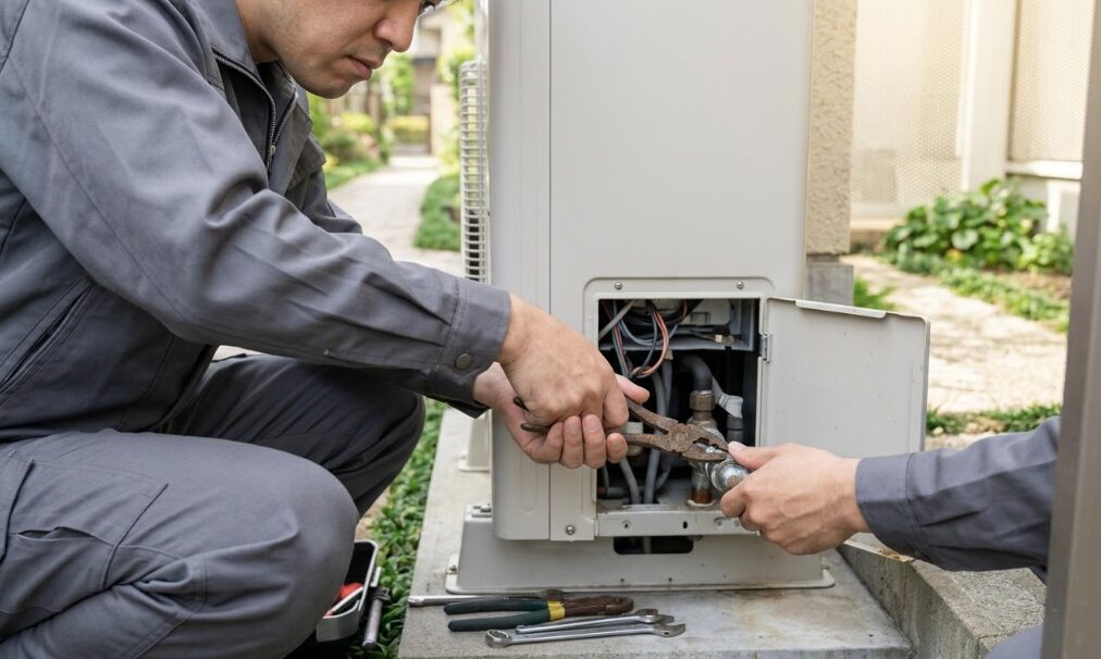 日本の住宅の屋外で、エコキュートの点検を装い、隠れて配管をペンチで潰そうとしている悪質な訪問業者の手元。诈欺被害への注意喚起。