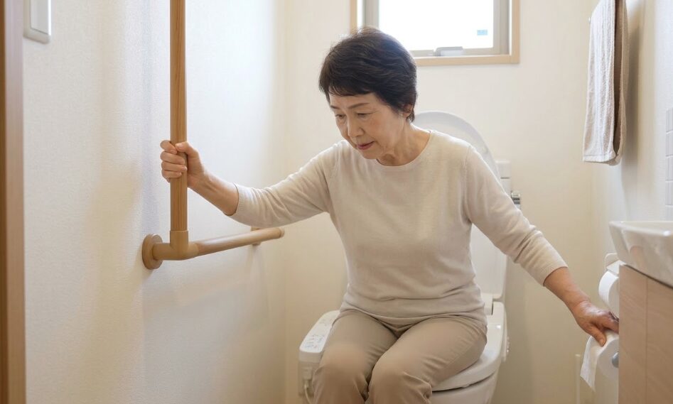 トイレに座る日本人高齢女性。右利きのため、左側の手すりを非利き手（左手）で握り、清拭動作をサポートしている様子。利き手を考慮した手すり配置の例。