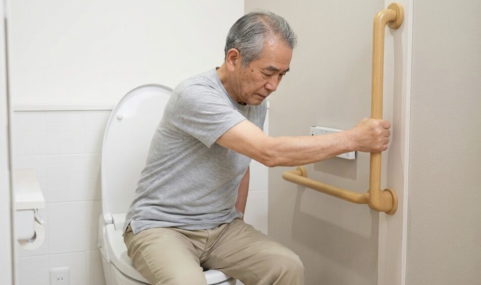 左片麻痺のある日本人高齢男性。元気な方の腕（右手）で、右側の壁に設置された縦手すりを握り、身体を引き上げて立ち上がろうとしている様子。健側優先の手すり配置の原則。