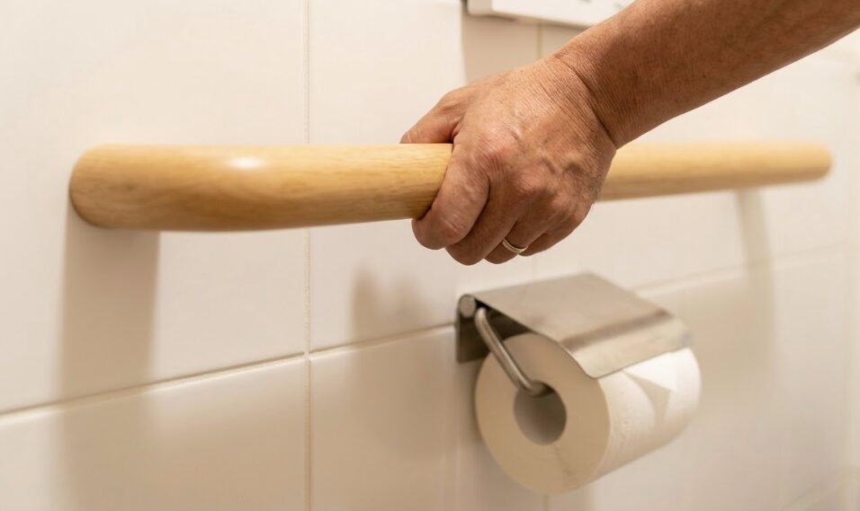 手すりとトイレットペーパーホルダーの間に確保された十分な隙間（クリアランス）。指を挟まないよう安全対策が施されたトイレ空間の例。