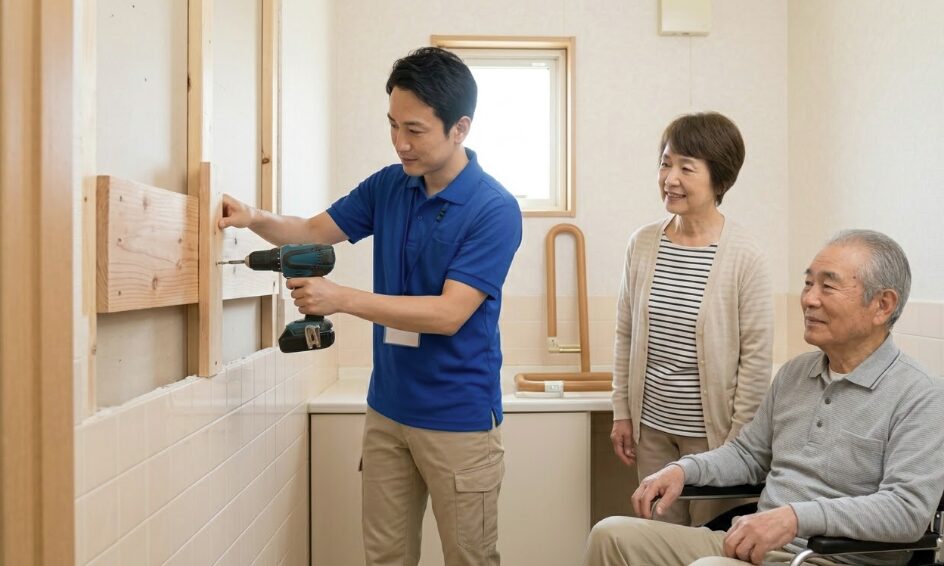 工務店スタッフが、高齢者家族の立ち会いのもと、トイレの壁に下地補強板を取り付けている様子。介護保険の住宅改修費支給制度を利用した、安全な手すり設置工事の現場。