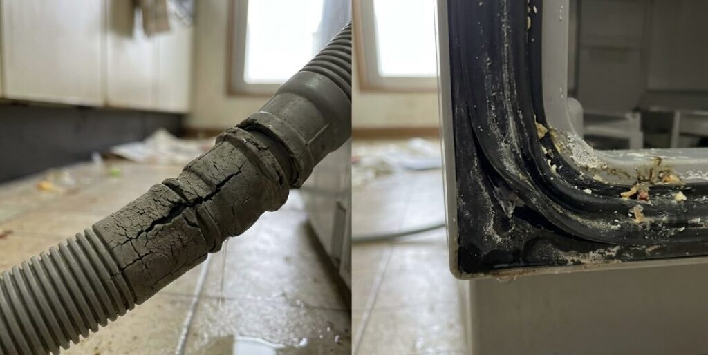 経年劣化でひび割れた食洗機の給排水ホースと、汚れが付着して隙間ができたドアパッキンのクローズアップ写真。水漏れの原因を示す。