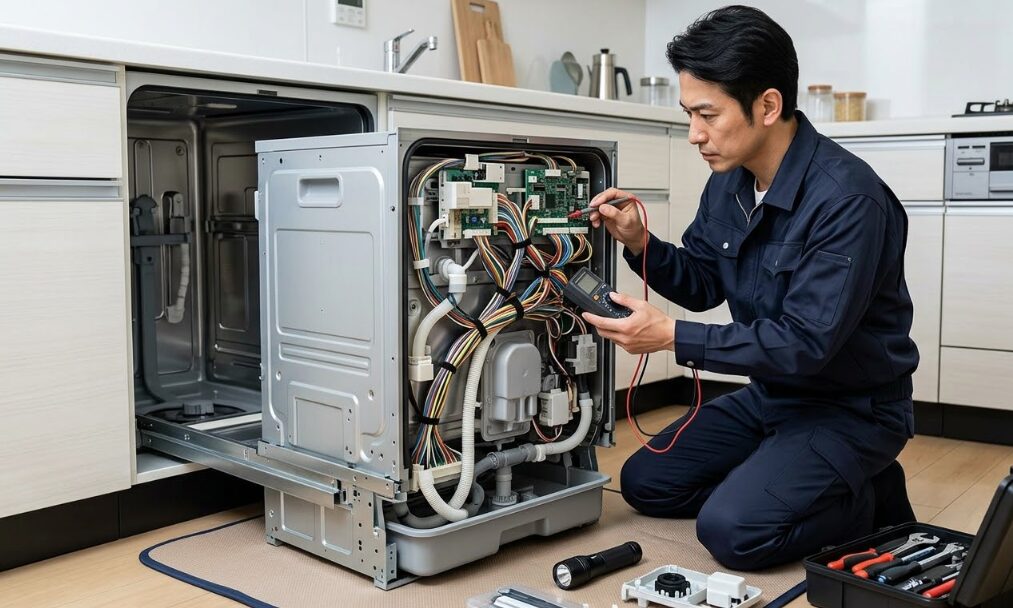 専門知識を持つ日本人修理業者が、ビルトイン食洗機を引き出し、複雑な配管と配線を点検している様子。素人のDIY修理が危険であることを示す。