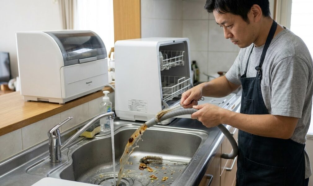 キッチンのシンクで、日本人男性が卓上食洗機の排水ホースを外し、内部の汚れや詰まりを水とブラシで掃除している様子。自分で行うメンテナンス。