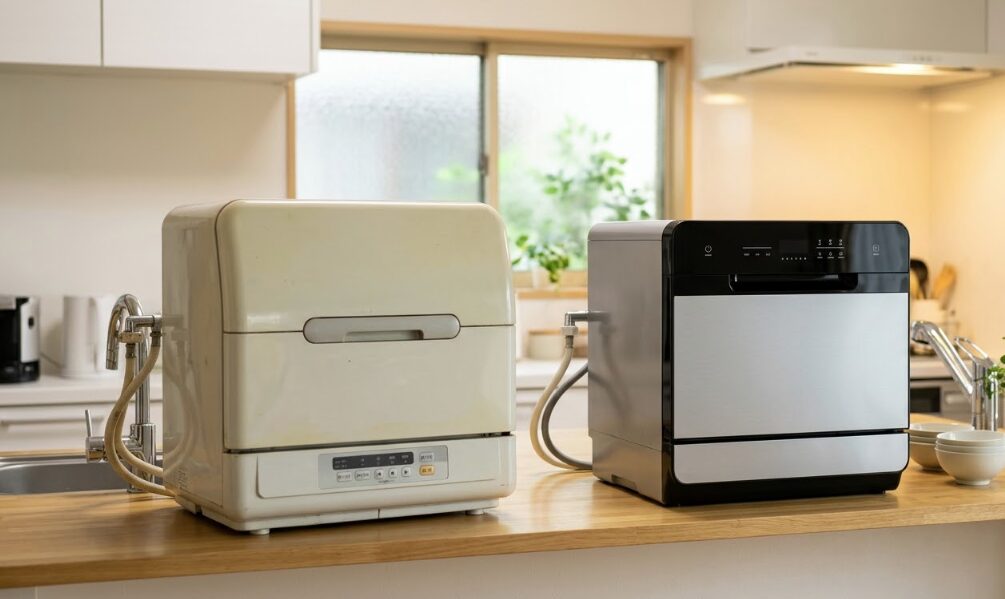 キッチンのカウンターに置かれた、少し古くなった卓上食洗機（10年選手）と、その隣に設置された最新の節水・省エネモデルの卓上食洗機の比較写真。買い替えのメリットを示す。
