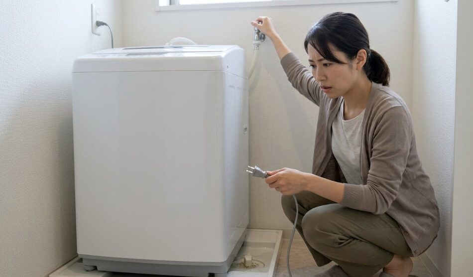 洗濯機下の水漏れトラブル発生時に電源コンセントを抜いて初期対応する様子