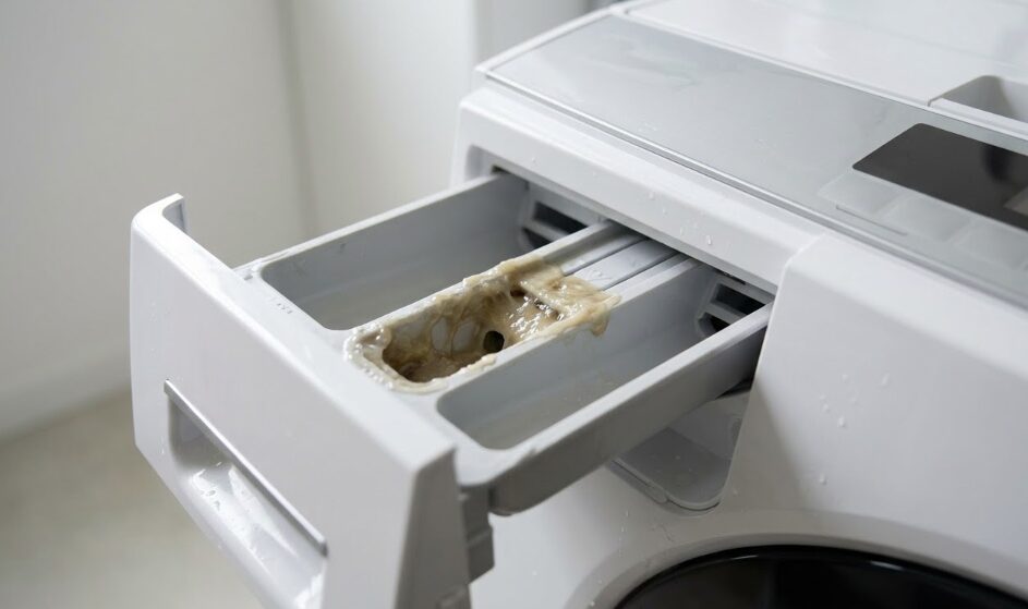 洗濯機の洗剤投入口にドロドロと固まった液体洗剤が詰まっているクローズアップ。