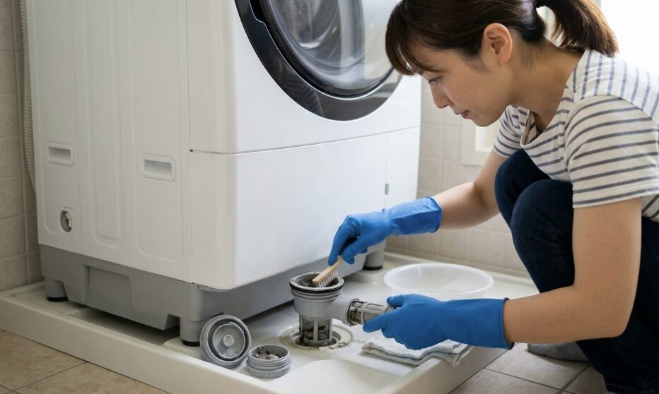 洗濯機の排水口を掃除してC02エラー(排水異常)に対処する様子