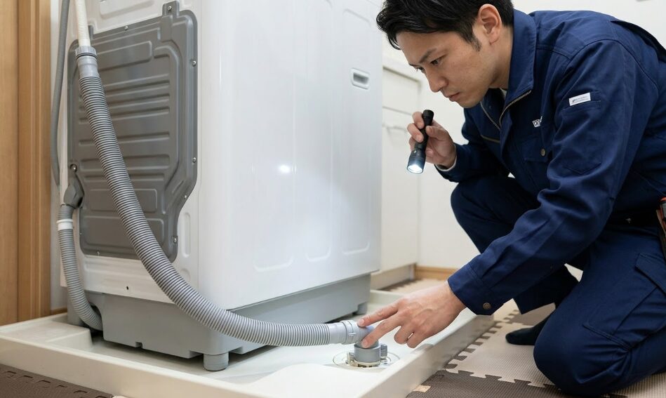 日立ビートウォッシュの排水ホースが潰れや山なりがなく正しく接続されているか、小さなライトで照らしながら注意深く指先で点検する工務店スタッフの専門的な点検風景。日本の住宅の洗濯機置き場にて。E-A-T向上のための写真。