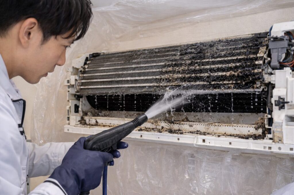 分解されたエアコン室内機の内部で、黒カビやホコリを高圧洗浄機で一掃するアジア人作業員