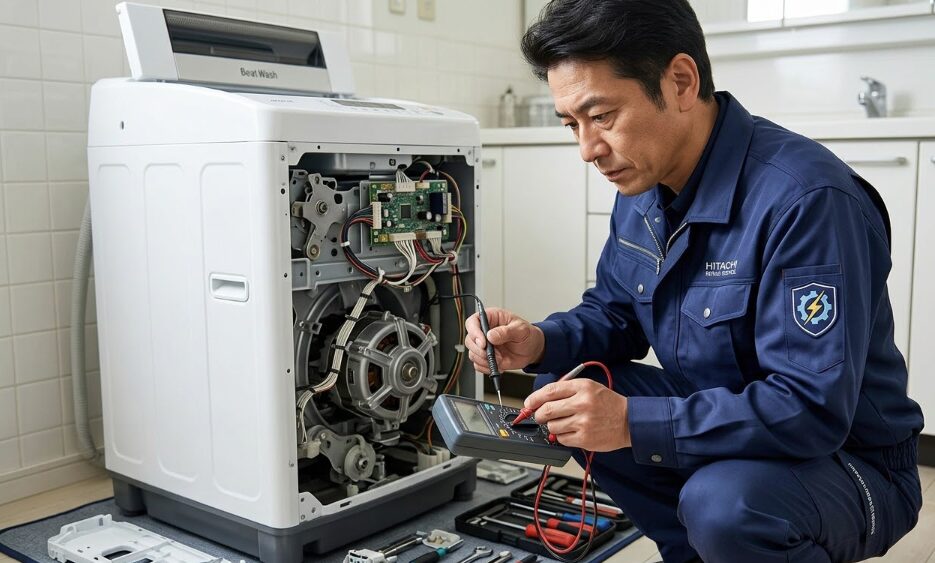 日立ビートウォッシュの内部故障を診断する、HITACHI REPAIR SERVICEの制服を着た熟練の日本人修理技術者。マルチメーターを使い、モーターや基板の電気系統をチェックしている専門的な様子。日本の住宅の洗面所にて。E-A-T向上のための写真。