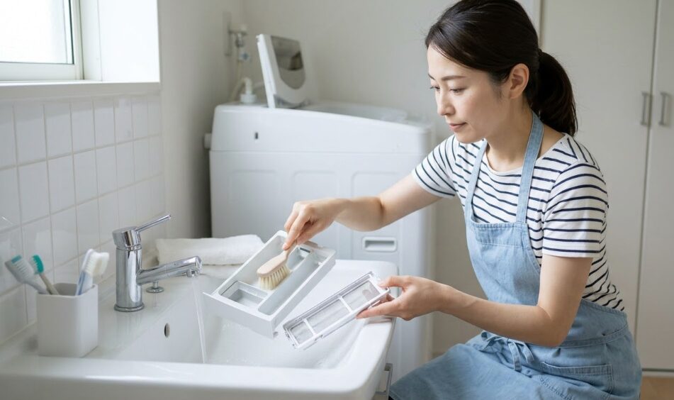 洗濯機の洗剤投入ケースと糸くずフィルターを水洗いする日常メンテナンス。工務店の専門家推奨、水漏れ予防に効果的。