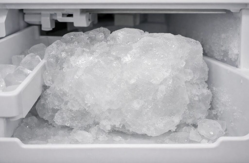 冷蔵庫の製氷機トラブルで氷がくっついて大きな塊になった状態