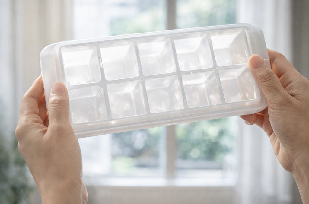 水漏れの原因となる製氷皿のひび割れや破損を目視でチェックしている様子