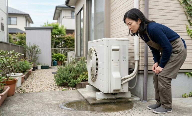 エコキュート室外機の下に水たまりができ、水漏れではないかと不安そうに見つめる人の様子