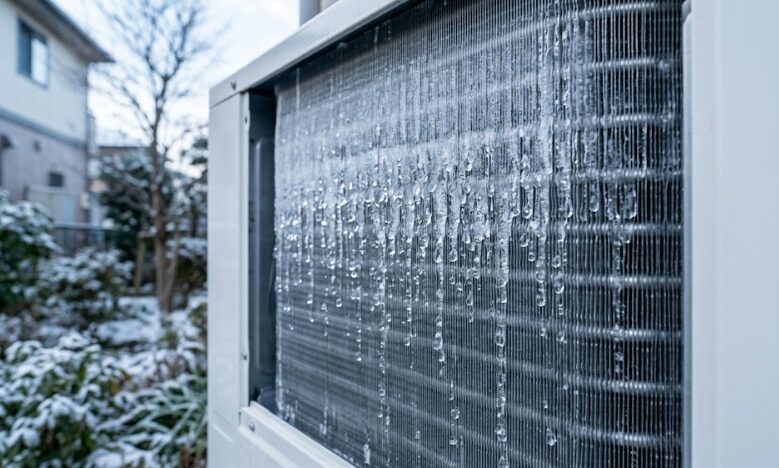 霜取り運転によってエコキュート室外機裏側のフィンから正常な結露水(ドレン水)が発生している様子