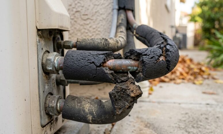 長年の雨風や紫外線によって保温材がボロボロに劣化し、水漏れの原因となりやすいエコキュートの配管