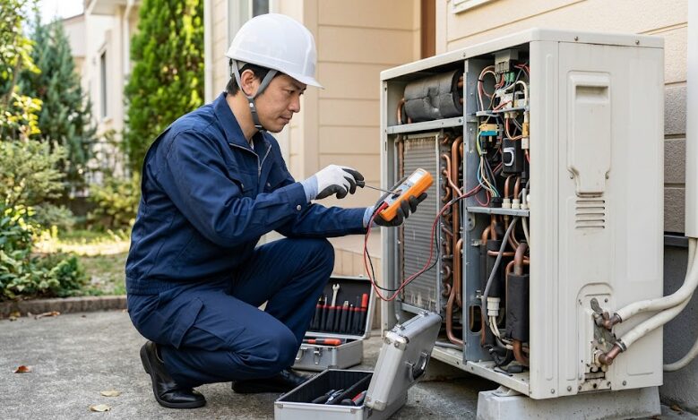 専門知識と専用工具を用いて、安全にエコキュートの内部点検・修理を行うプロの作業員