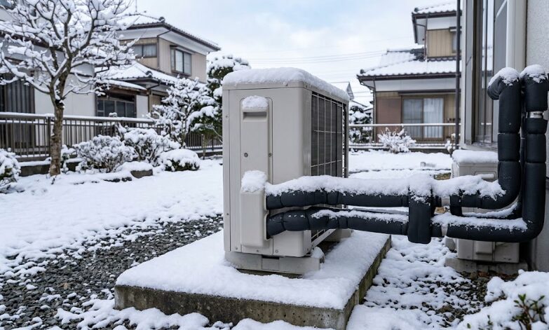 寒冷地での配管凍結や破裂を防ぐため、しっかりと保温材が巻かれた雪の中のエコキュート室外機