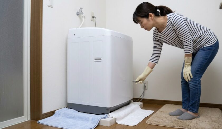 洗濯機の水漏れ発見後、水とフローリングを拭き取り、乾いた手で安全に電源プラグを抜く日本人女性。感電防止と応急処置のステップ。
