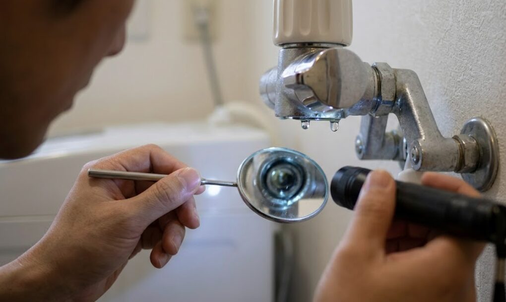 洗濯機の水栓を点検し、蛇口のハンドル下部と壁との接続部からの水漏れを、鏡とライトを使って特定する日本人男性。